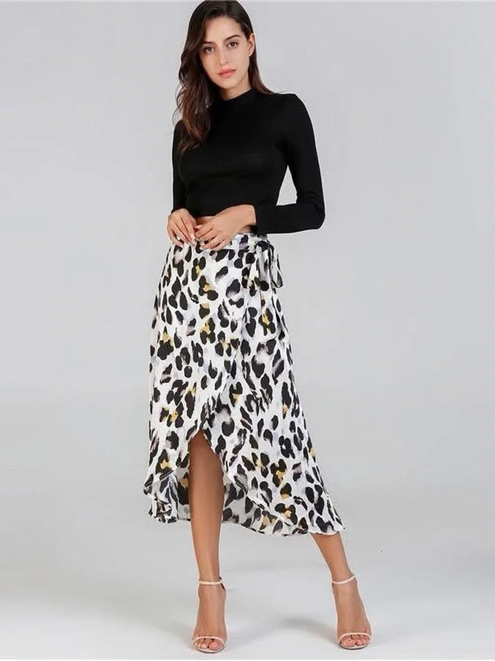 Jeuvre Cream Leopard Print Wrap Midi Skirt Glam Satin Feel Cheetah Print Flowy S
